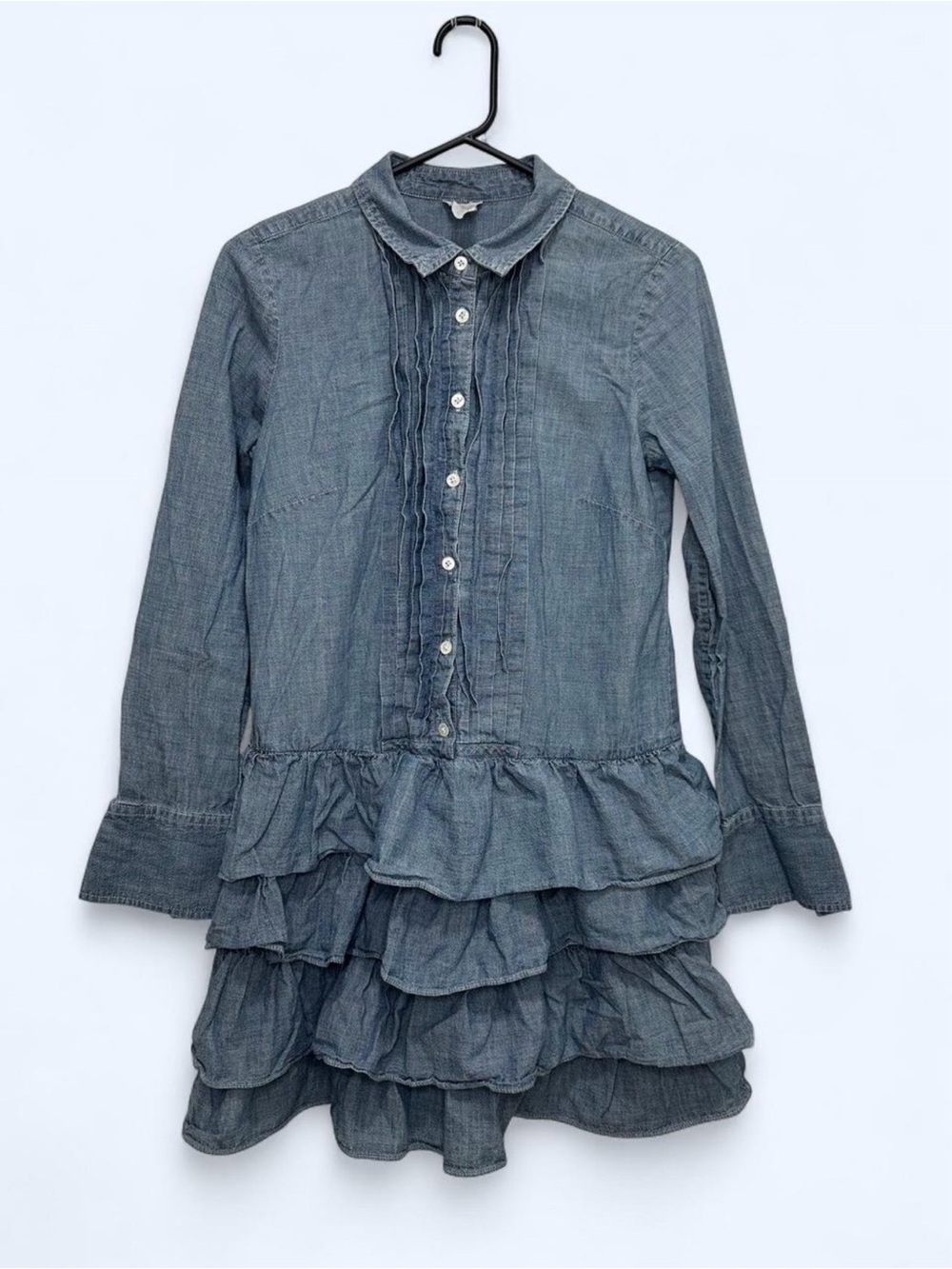 J.Crew Chambray Ruffle Tiered Long Sleeve Dress Blue Pleated Collared Button Up